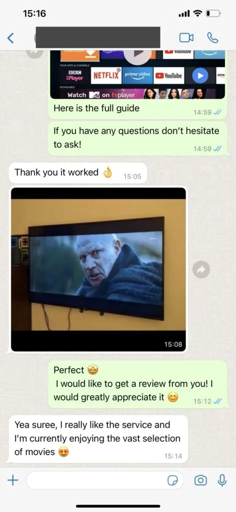 Capture d'échange et confirmation d'abonnement WhatsApp Nox IPTV 1