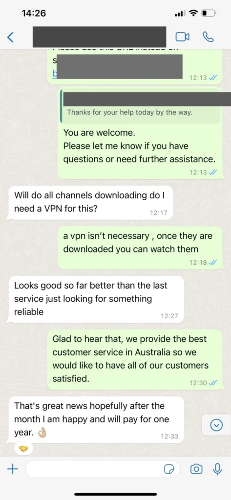 Capture d'échange et confirmation d'abonnement WhatsApp Nox IPTV 3